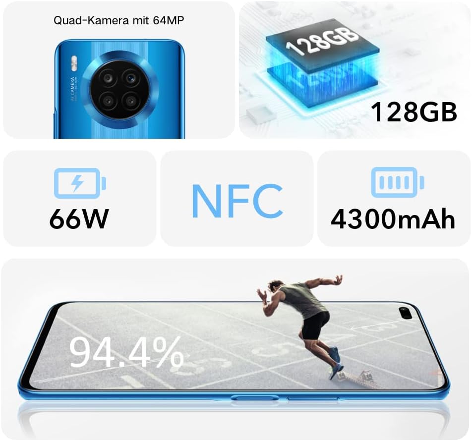 HONOR 50 Lite Smartphone, 6+128 GB Handy, 6,67-Zoll-FullView-Anzeige, 64-MP-Vierfachkamera, 66-W-Sup