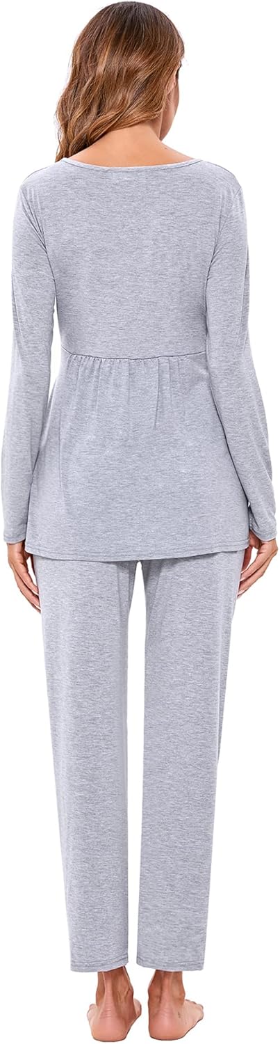 Litherday Stillpyjama Lang Umstandspyjama Langarm Zweifarbiger Baumwolle Stillzeit Nachtwäsche Still