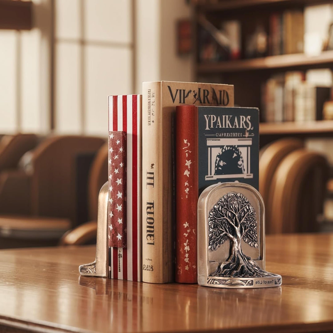 Schwere Buchstützen Baum des Lebens aus Kunstharz - 2er Set in bronzefarbener Optik mit Rutschfester