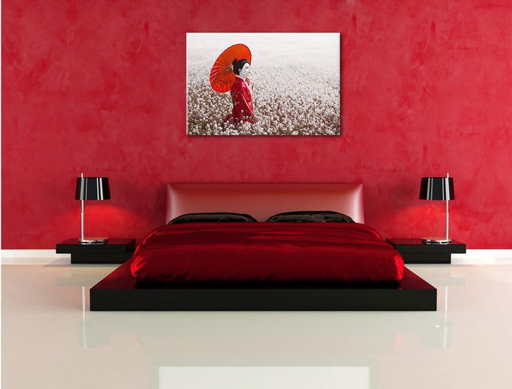 Geisha auf dem Feld, Format: 100x70 auf Leinwand, XXL riesige Bilder fertig gerahmt mit Keilrahmen,