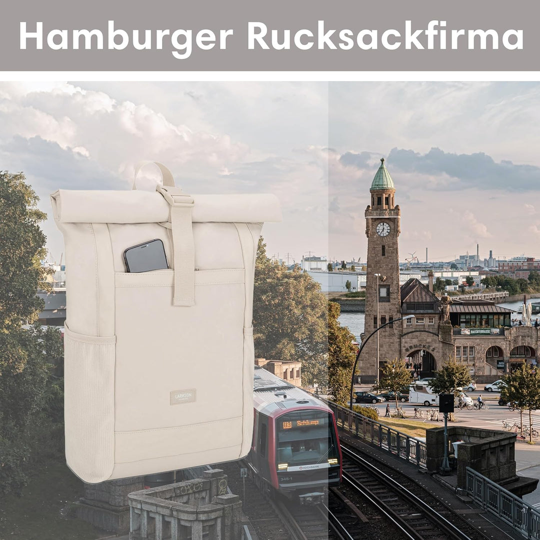 LARKSON Rolltop Rucksack Damen Gross Beige - No 2 - Daypack für Schule, Uni, Fahrrad - 16 Zoll Lapto