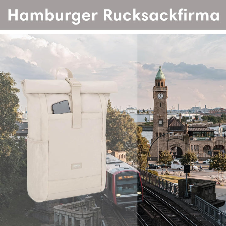 LARKSON Rolltop Rucksack Damen Gross Beige - No 2 - Daypack für Schule, Uni, Fahrrad - 16 Zoll Lapto