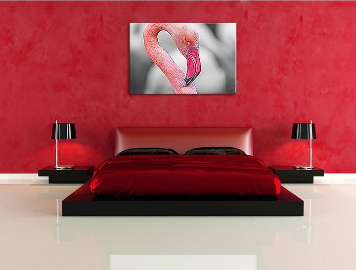 prächtiger Flamingo schwarz/weiss Deluxe Format: 100x70 cm auf Leinwand, XXL riesige Bilder fertig g