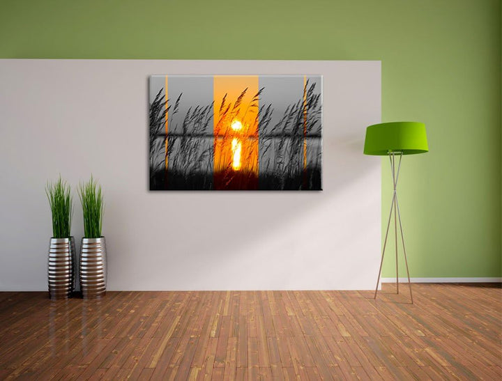 Gräser bei Sonnenuntergang schwarz/weiss Format: 100x70 auf Leinwand, XXL riesige Bilder fertig gera