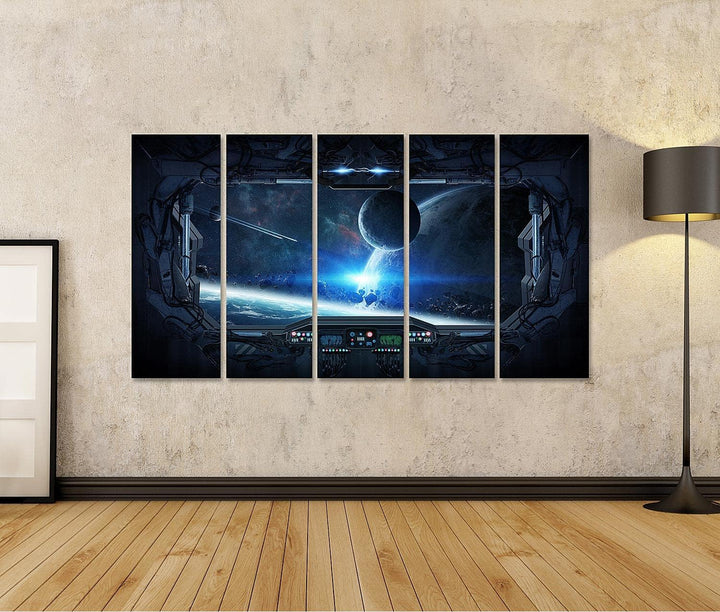 islandburner Bild auf Leinwand Fensterblick Weltraum Planeten Raumstation Outer Space Kinderzimmer B