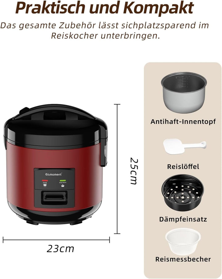 Eamoment DRC-5020RD 1L | 400W Reiskocher & Dampfgarer(1ltr-5 Tassen) Für 1-5 Personen Schnelles Koch