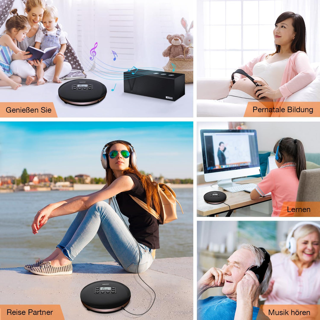 CD Player Tragbar, Tragbarer CD Player mit Bluetooth, Aufladbar CD-Player mit Kopfhörer und AUX Lini