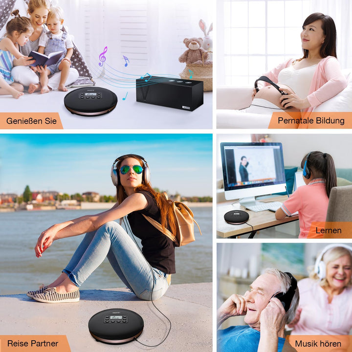 CD Player Tragbar, Tragbarer CD Player mit Bluetooth, Aufladbar CD-Player mit Kopfhörer und AUX Lini