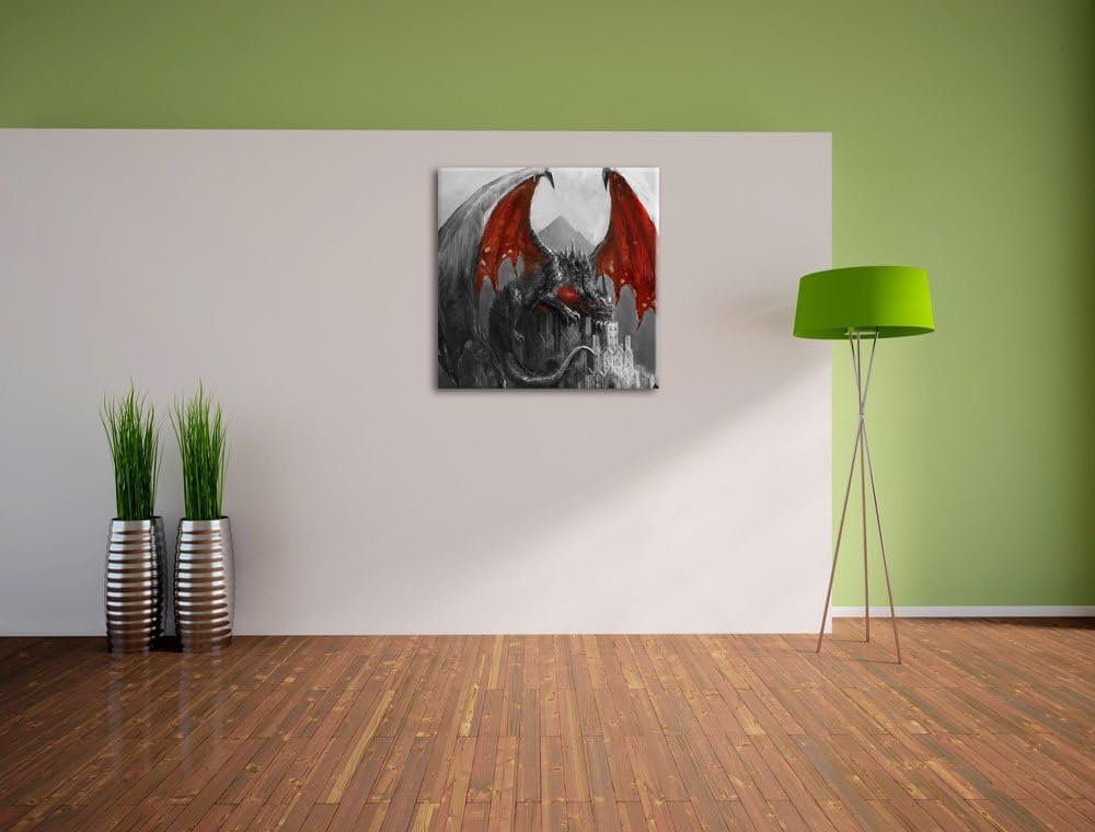 Dragon castle Schwarz/Weiss, Format: 70x70 auf Leinwand, XXL riesige Bilder fertig gerahmt mit Keilr