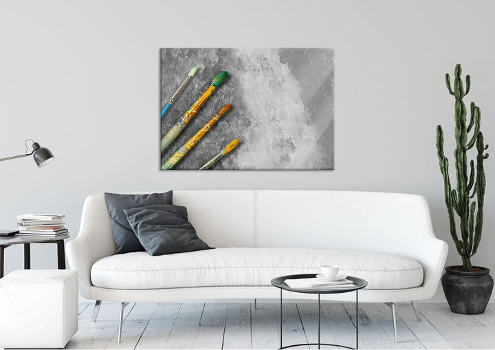 Glasbild | Wandbild aus Echtglas | Gelber Pinsel & Bild | 100x70 cm | inkl. Aufhängung und Abstandsh