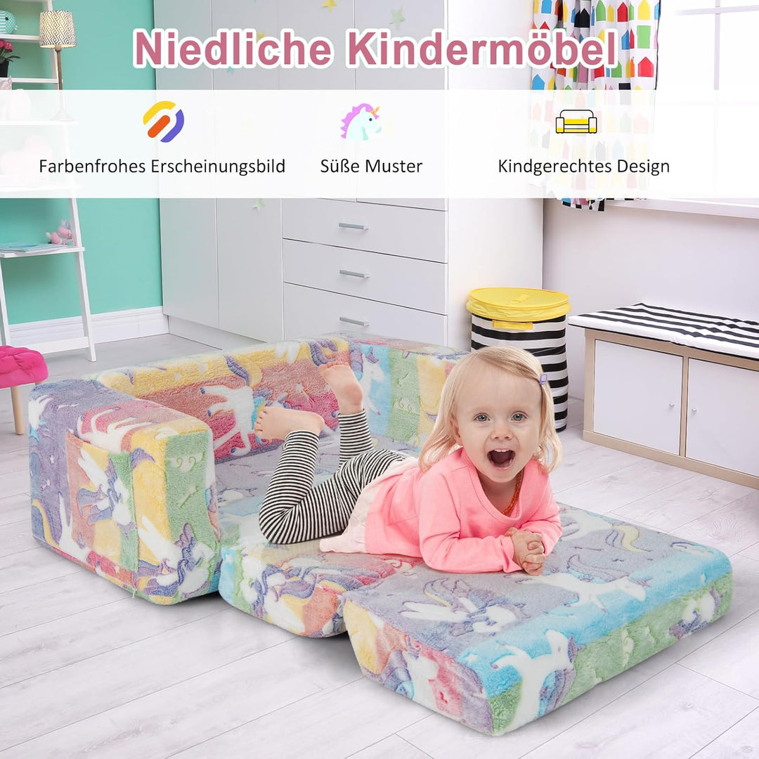 COSTWAY 2 in 1 Kindersessel im Dunkeln Leuchtend, ausklappbares Kindersofa mit abnehmbarem Bezug & S