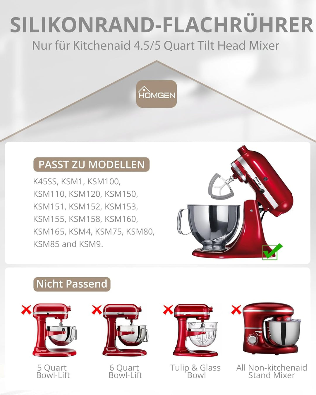 HOMGEN Flachrührer-Aufsatz aus Edelstahl für KitchenAid 4,5-5 Quart Kitchenaid Standmixer mit kippba