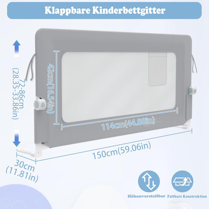 UISEBRT Bettgitter 150cm Bettschutzgitter Klappbar für Kleinkinder, Rausfallschutz Höhenverstellbar