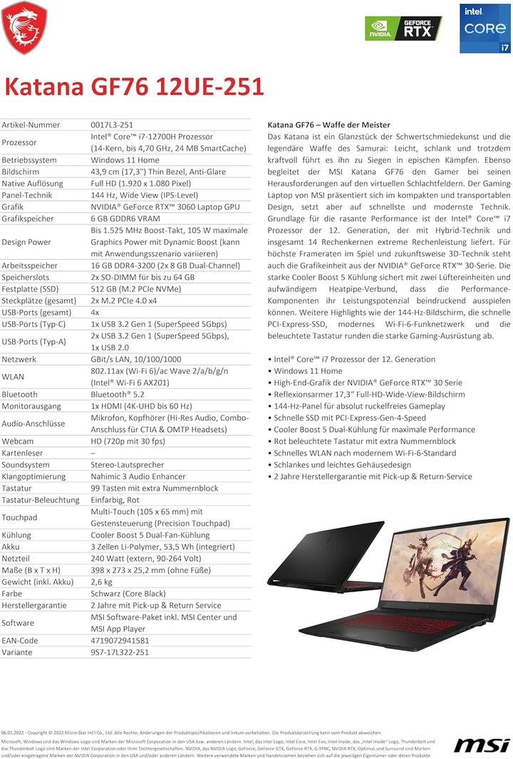 MSI Katana GF76 Gaming Laptop | 17.3" FHD 144 Hz Display | Intel Core i7-12700H | 16GB RAM | 512GB S