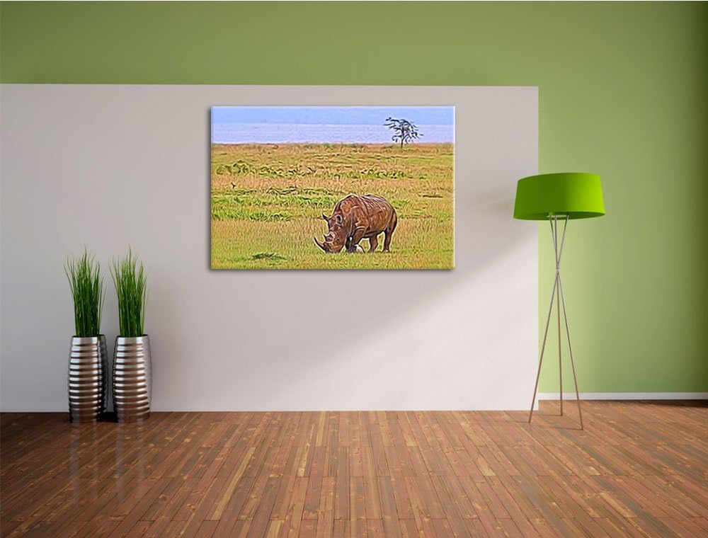 grosses Nashorn beim Fressen Spezial Format: 100x70 cm auf Leinwand, XXL riesige Bilder fertig gerah