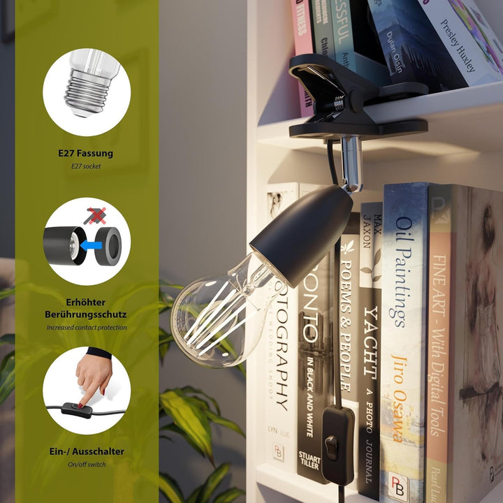 ledscom.de Klemmlampe LIK, Schalter, schwarz matt, 1x E27 max. 60W, 5 Stk. 5 Stück (1er Pack) Schwar