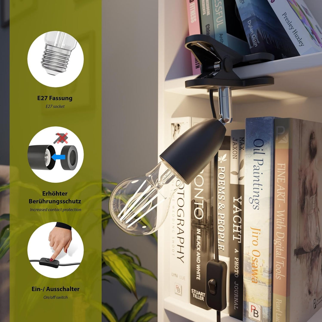ledscom.de Klemmlampe LIK, Schalter, schwarz matt, 1x E27 max. 60W, 5 Stk. 5 Stück (1er Pack) Schwar