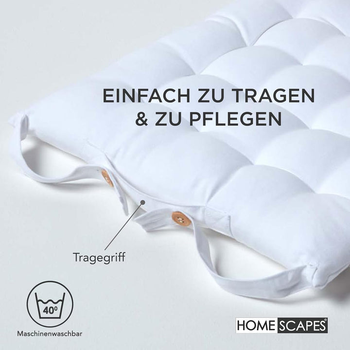 HOMESCAPES 4er Set Stuhlkissen 40 x 40 cm, weiss, Sitzkissen mit Bändern und Knopfverschluss, einfar