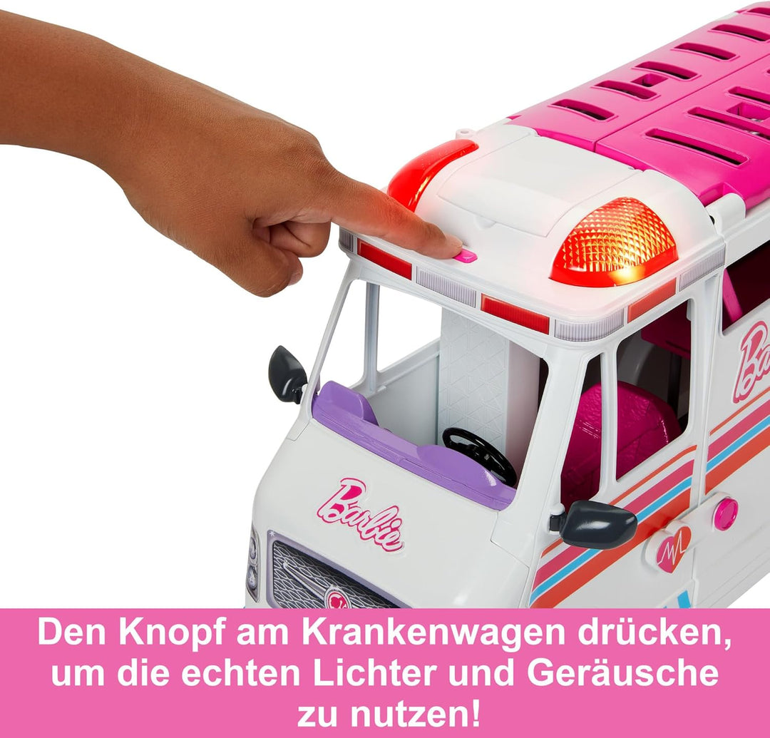 Barbie 2-in-1-Krankenwagen Spielset, Rettungswagen mit Lichtern und Geräuschen, umwandelbar in Pfleg