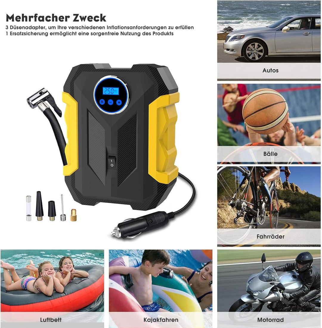 CARSUN Luftpumpe Auto,12V Mobiler Kompressor Auto,150PSI Autoreifen Pumpe mit Reifendruckmesser und