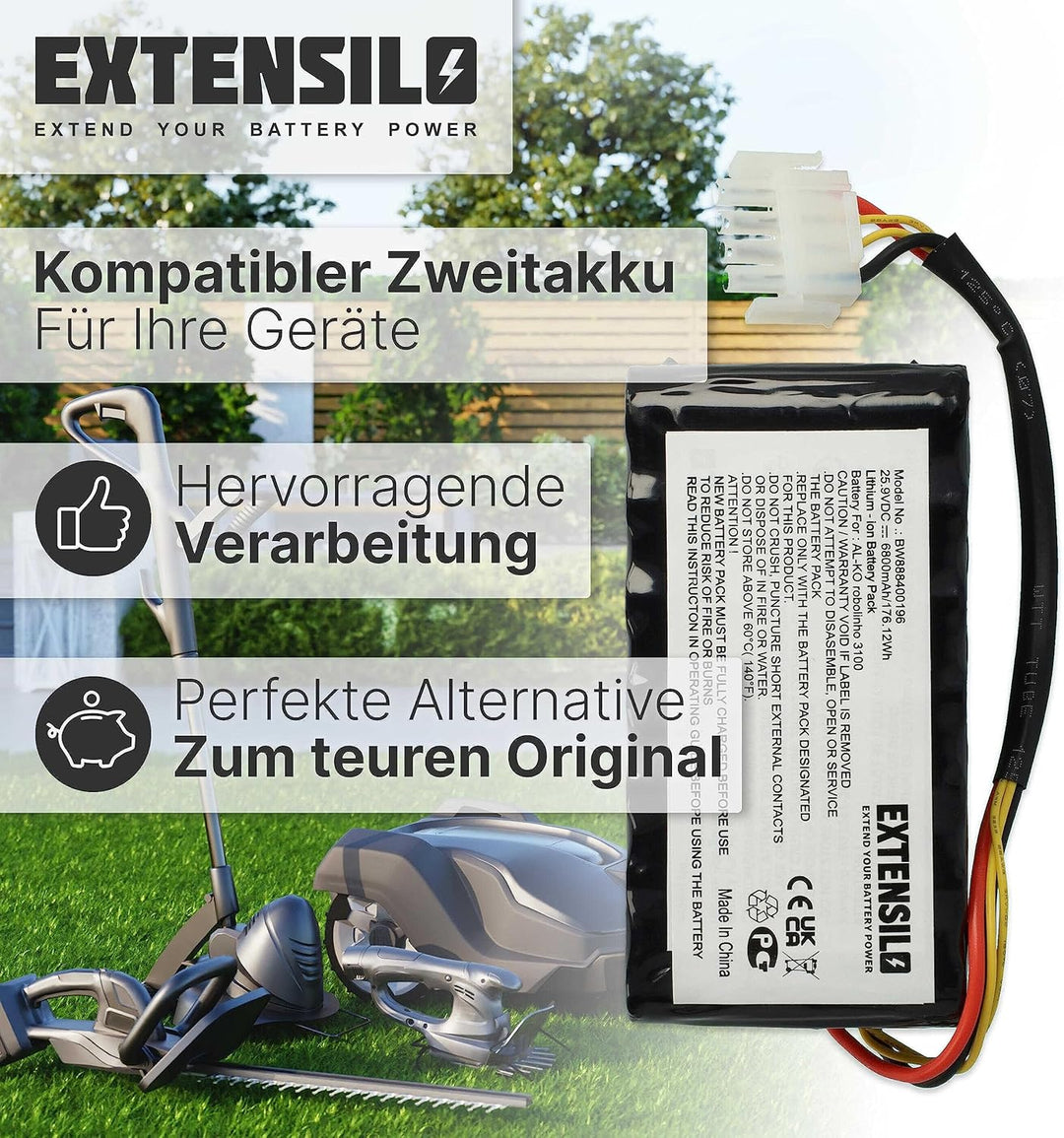 EXTENSILO Akku kompatibel mit Efco Sirius 1200 Rasenroboter Rasenmäher (6800mAh, 25,9V, Li-Ion)