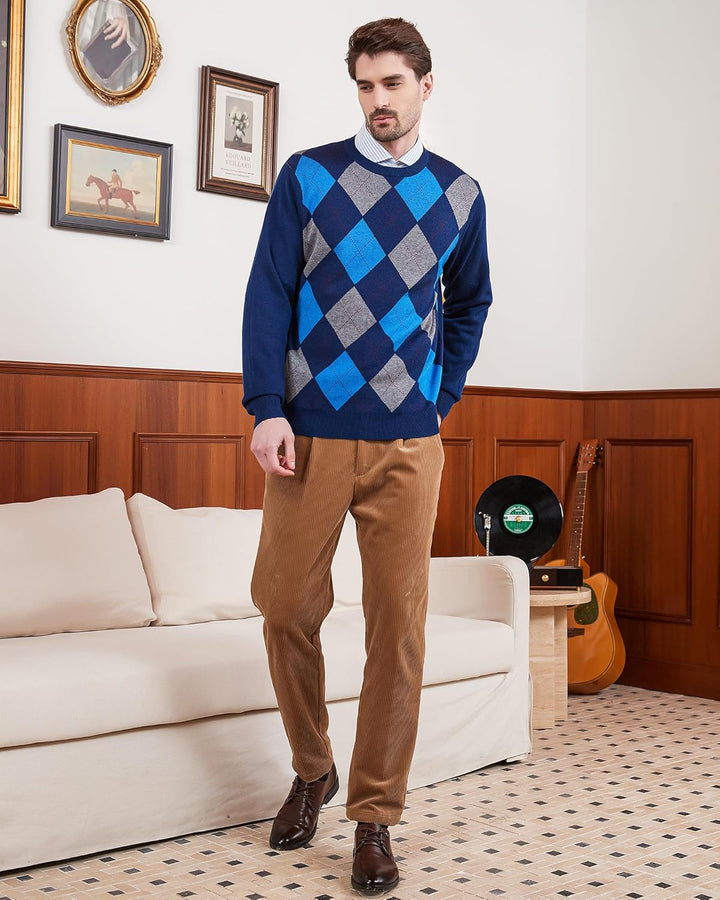 Kallspin Herren Wollmischung Strickpullover Argyle Rundhalsausschnitt Pullover Sweater, S Marineblau