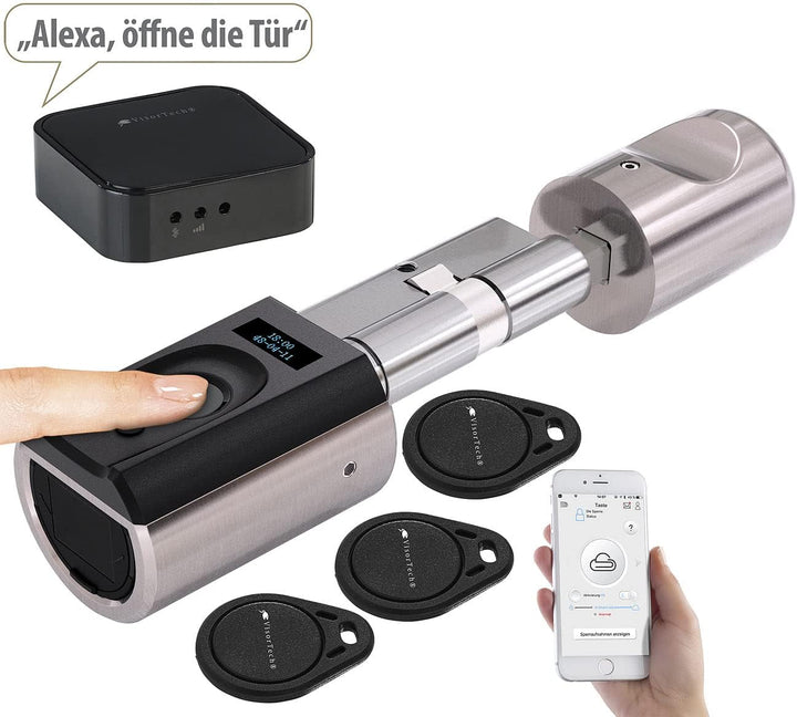 VisorTech Elektronisches Schloss: Elektronischer Tür-Schliesszylinder mit WLAN-Gateway, Fingerscan,