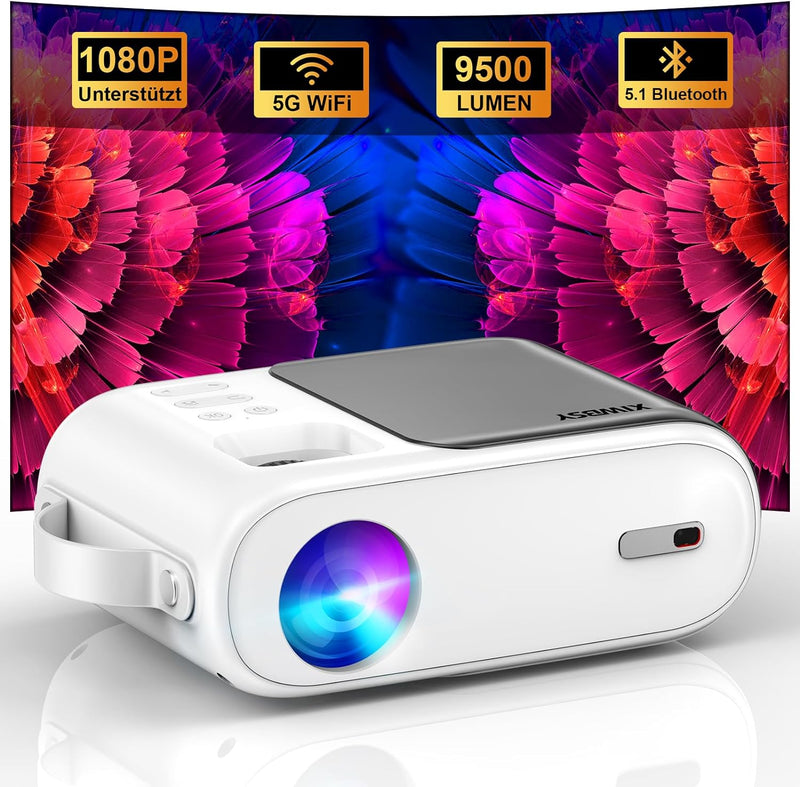 XIWBSY Mini Beamer, 5G WiFi Bluetooth Beamer, Full HD, 1080P Unterstützt, 9500 Lumen Heimkino Tragba