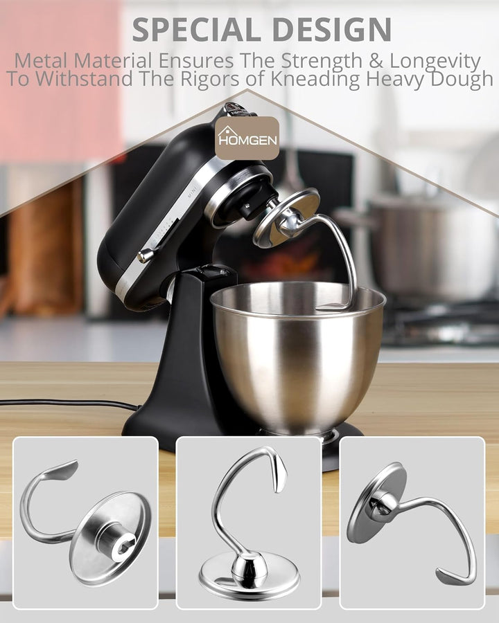 HOMGEN Knethaken für Kitchenaid 4.5/5QT Edelstahl Knethaken spülmaschinenfest für Kitchen Aid Standm