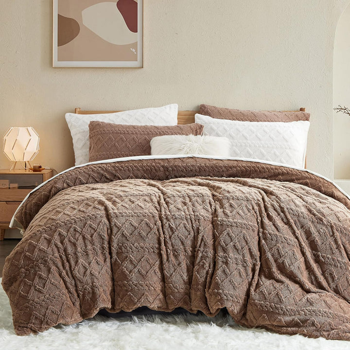 Freyamy Plüsch Bettwäsche 135x200 2teilig Warme,Romantisch Khaki Bettwäsche Getuftet Boho,Flauschig