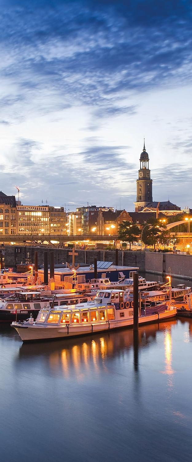 Glasbild Panorama | Wandbild aus Echtglas | Hamburger Hafen am Abend | 100x40 cm | inkl. Aufhängung