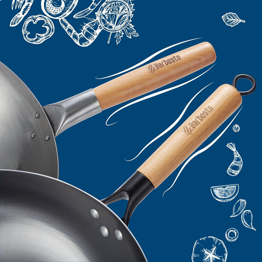 CLP Wok-Set aus Karbonstahl I Flacher oder runder Boden für Gas, Induktion und Grill I Wokpfanne mit