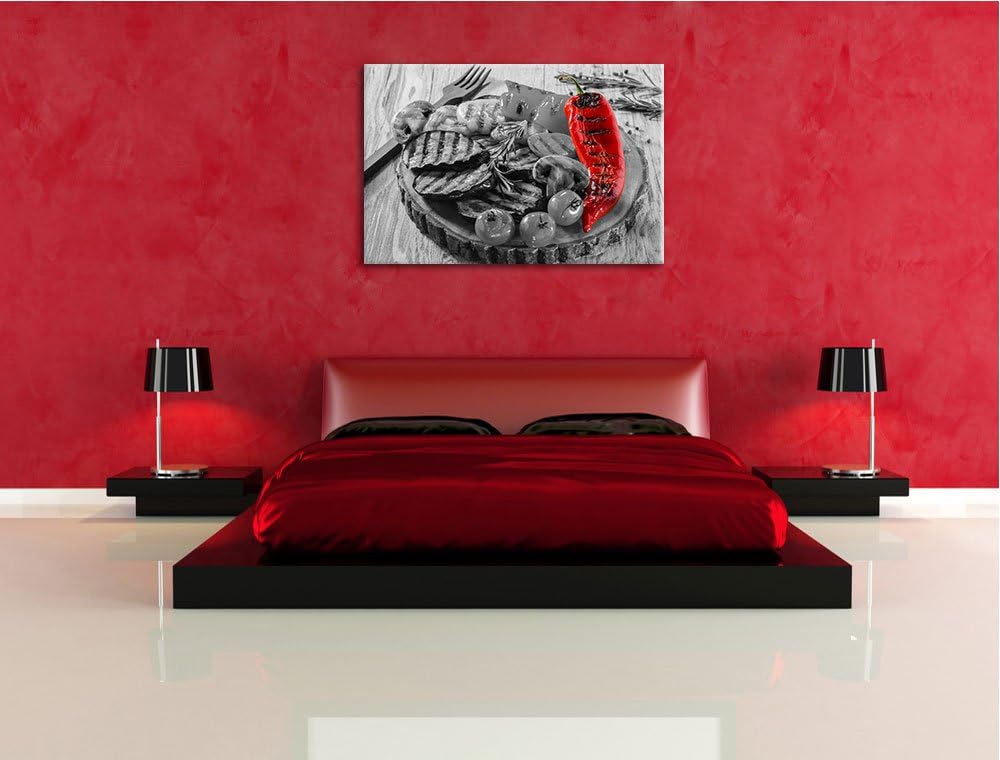 gegrilltes Gemüse auf Baumstammteller schwarz/weiss Format: 100x70 auf Leinwand, XXL riesige Bilder