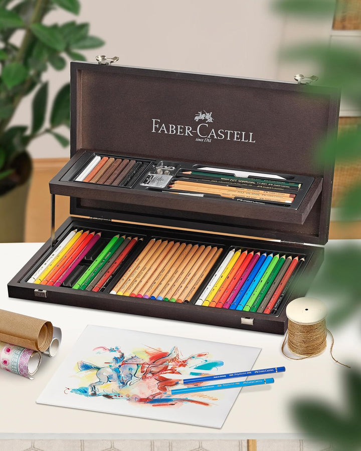 Faber-Castell 110084 - Art & Graphic Compendium Holzkoffer, 53-teilig, mit 12 Künstlerfarbstifte, 12