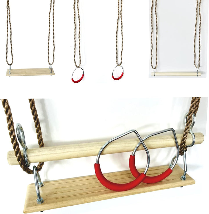 3in1 Schaukelset, Turnringe + Holztrapez + Schaukelbrett incl. Seilset zum Einhängen (Turngeräte Set