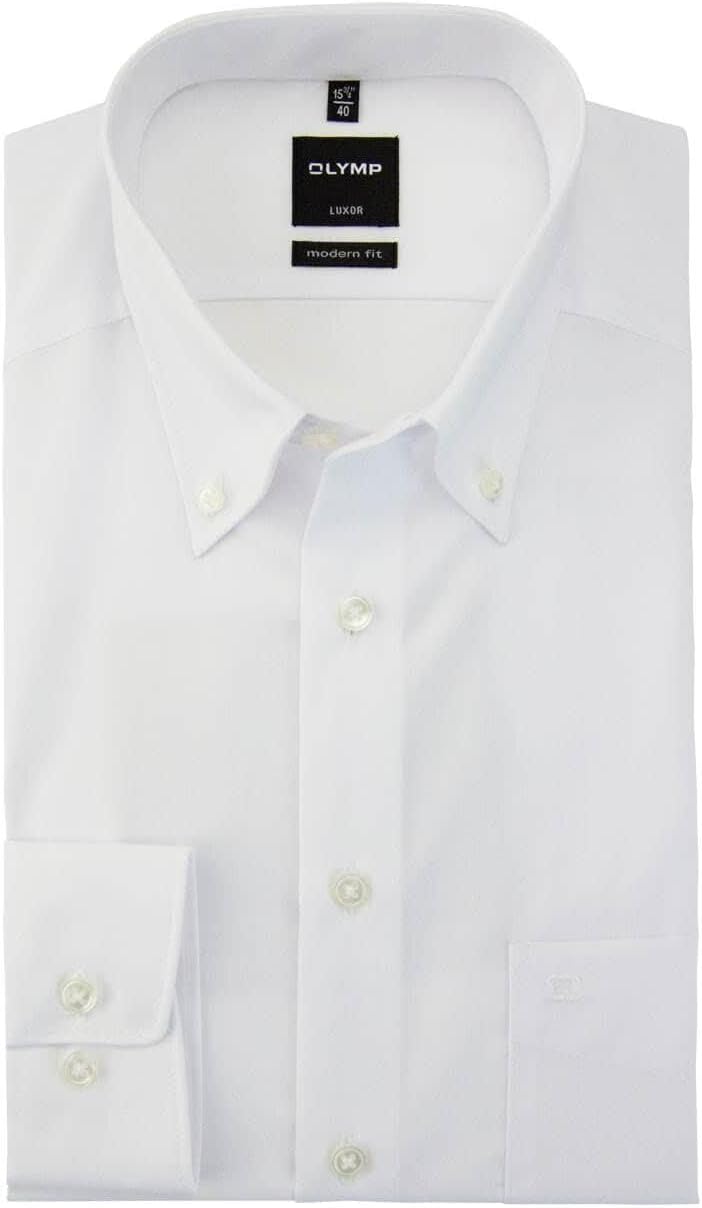 OLYMP Herren Businesshemd Langarm Luxor,Kariert,modern fit,Button-Down-Kragen 37 Weiss, 37 Weiss