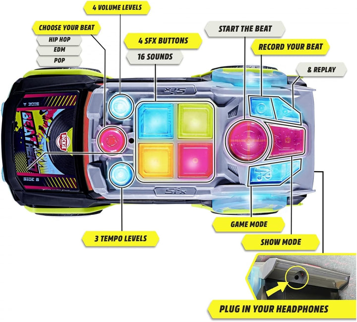 Dickie Toys - Beat Hero Spielzeugauto mit DJ-Pult und 22 Sounds, Auto mit Hip-Hop, Pop und Elektroni