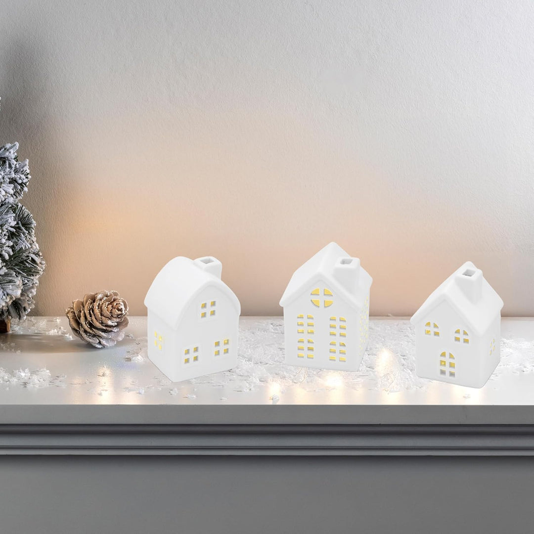 LED Keramik Haus weiss 9 cm - 3er Set - Deko Weihnachtsdorf mit Beleuchtung in warm weiss - Weihnach