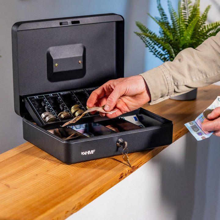 HMF 4215-02 Geldkassette abschliessbar mit Münzzählbrett | 30,5 x 24 x 8,5 cm | Schwarz, Schwarz