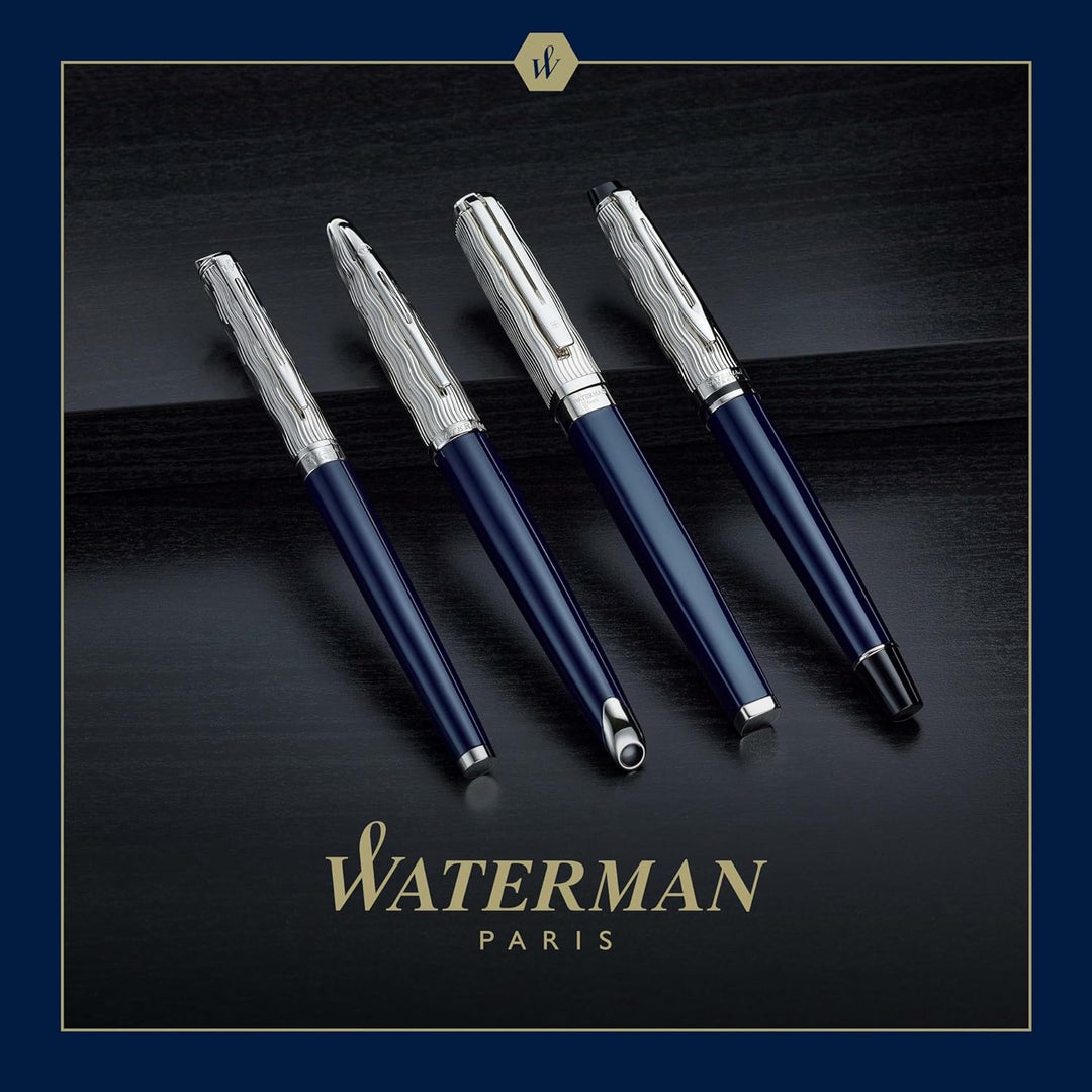 Waterman Hémisphère Tintenroller | Metall und blaue Lackierung | ziselierte Kappe | schwarze Tinte |
