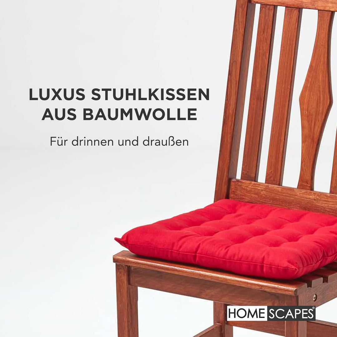 HOMESCAPES 4er Set Stuhlkissen 40 x 40 cm, rot, Sitzkissen mit Bändern und Knopfverschluss, einfarbi