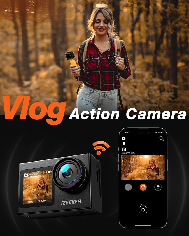 iZEEKER Action Cam 4K 24MP, Unterwasserkamera 40M Wasserdicht mit EIS,Dual-Screen-Kamera, Touchscree