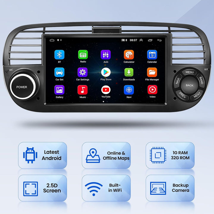 Hikity Android Autoradio mit Navi für FIAT 500 2007-2015 Bluetooth Autoradio mit Bildschirm 7 Zoll T