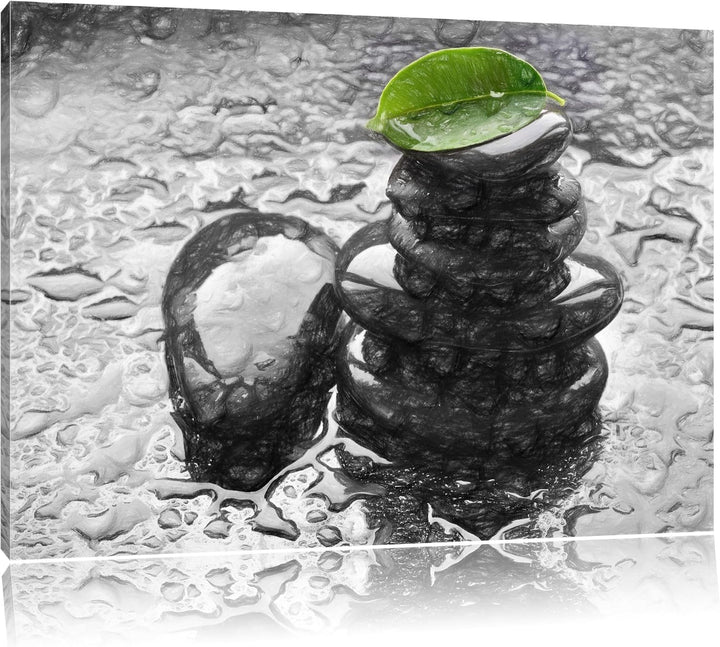 Pixxprint Zensteinturm im Regen als Leinwandbild/Grösse: 100x70 cm/Wandbild/Kunstdruck/fertig bespan