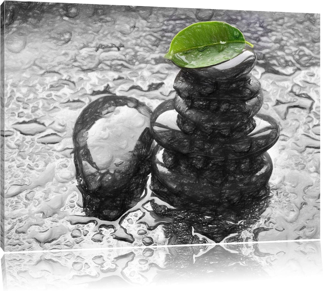 Pixxprint Zensteinturm im Regen als Leinwandbild/Grösse: 100x70 cm/Wandbild/Kunstdruck/fertig bespan