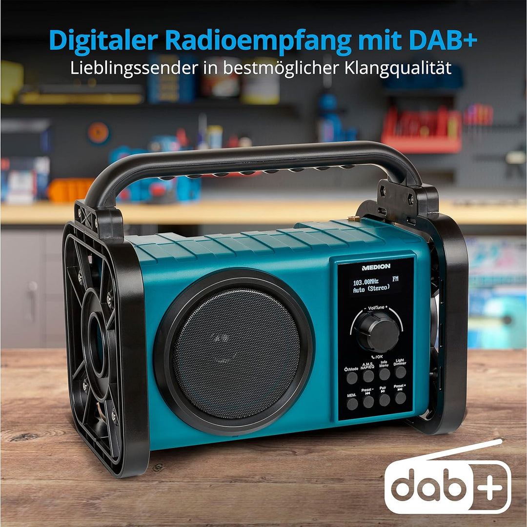 MEDION E66045 DAB+ Baustellenradio (Robustes Gehäuse, Spritzwassergeschützt (IP44), Bluetooth 5.0, P