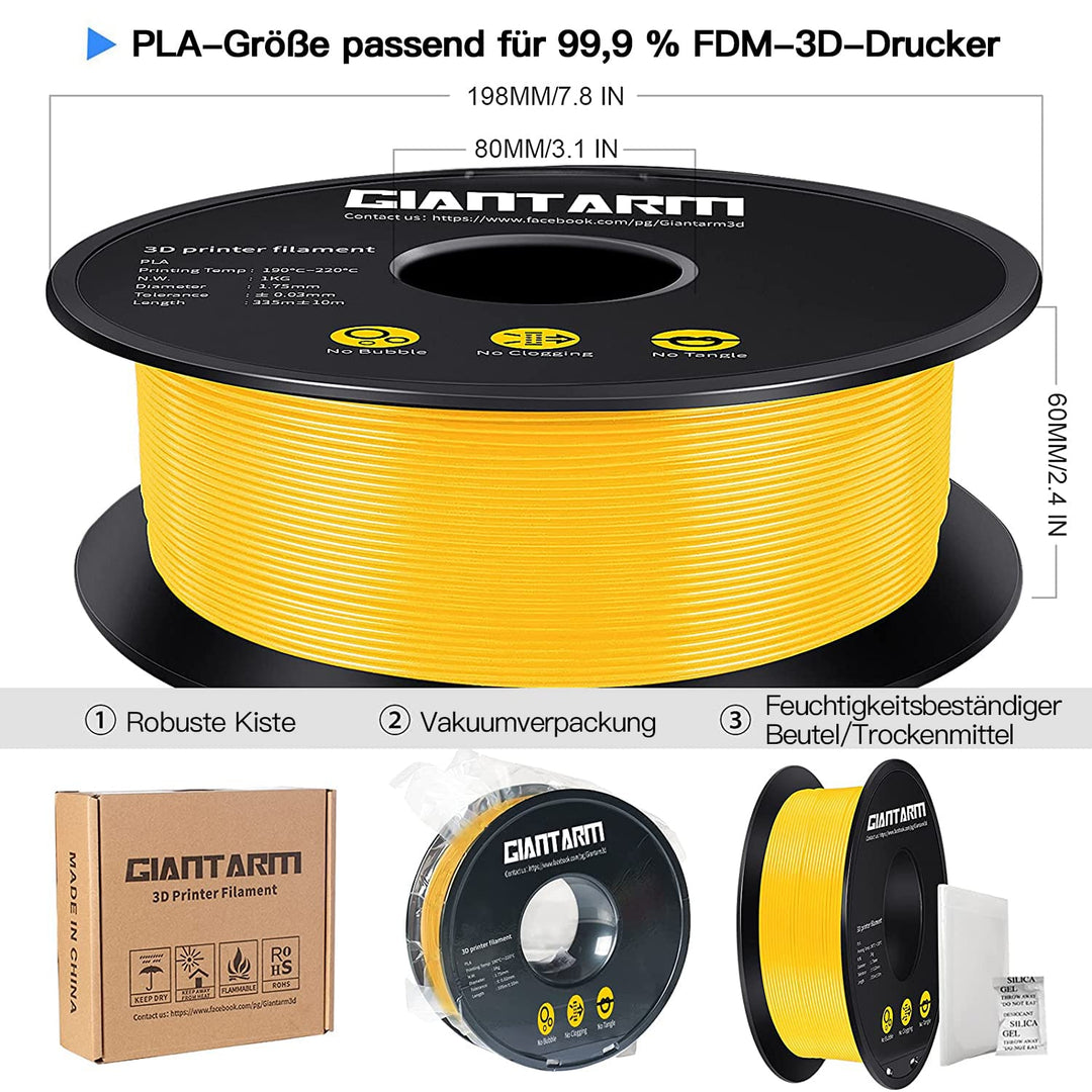 GIANTARM PLA Filament 1.75mm,3D Drucker Filament PLA 1kg,MaBgenauigkeit +/- 0,02mm,3D-Druckmateriali