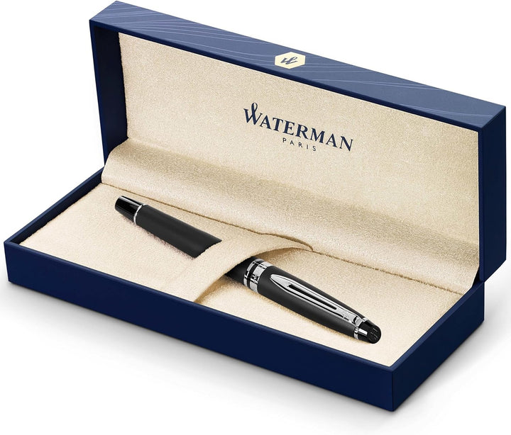 Waterman Expert Tintenroller | Mattschwarz | Chromzierteile| feine Spitze | Schwarz | Geschenkbox Ma