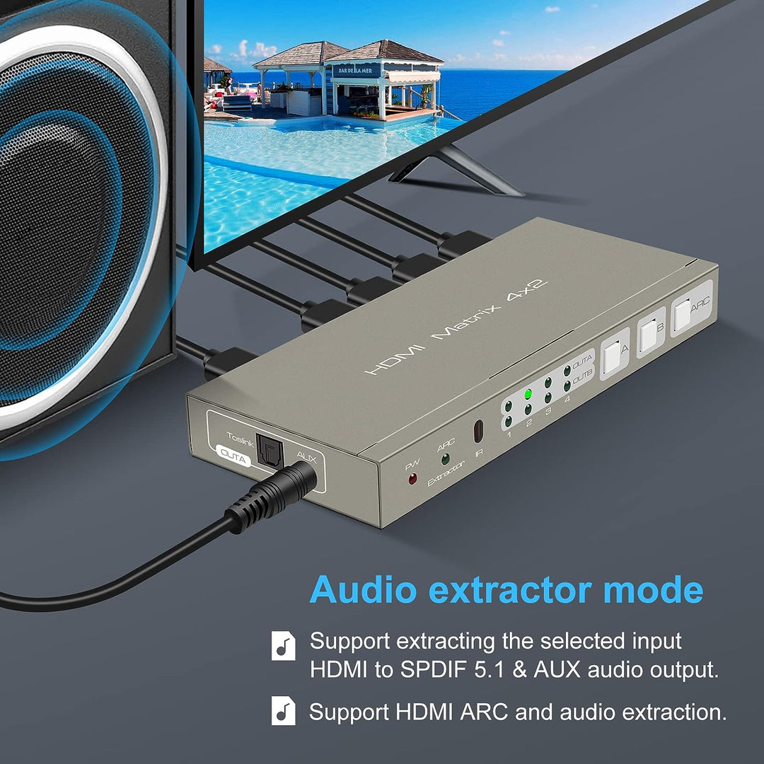 VEDINDUST HDMI Matrix Switcher 4K @ 60Hz HDMI 2.0b Switch 4 in 2 Out Splitter with Optical and 3.5 m