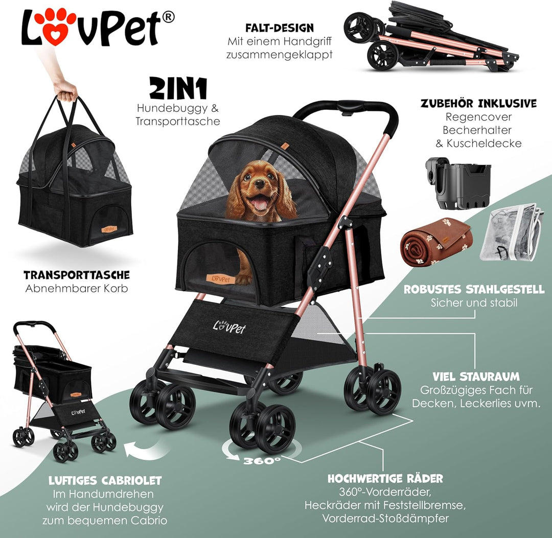 LOVPETยฎ Hundewagen 2in1 Hundebuggy Hundebox Transporttasche Faltbar klappbar bis 20kg Haustiere Bugg